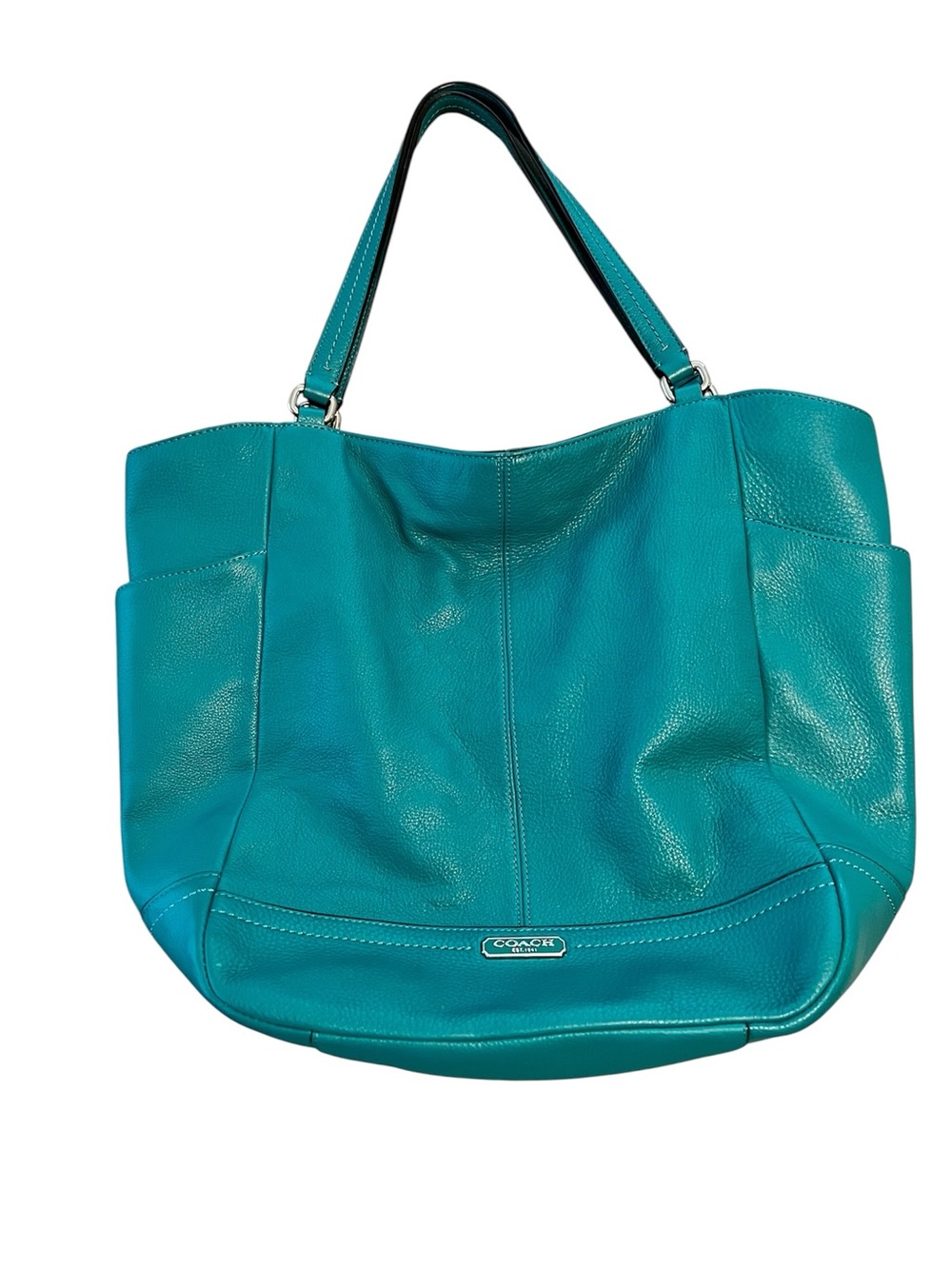 Coach Park Carrie Teal Green Pebbled Leather Tote Bag F23662